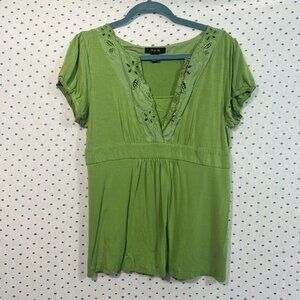 Style & Co Green Floral Laced V-Neck Short Sleeve Shirt